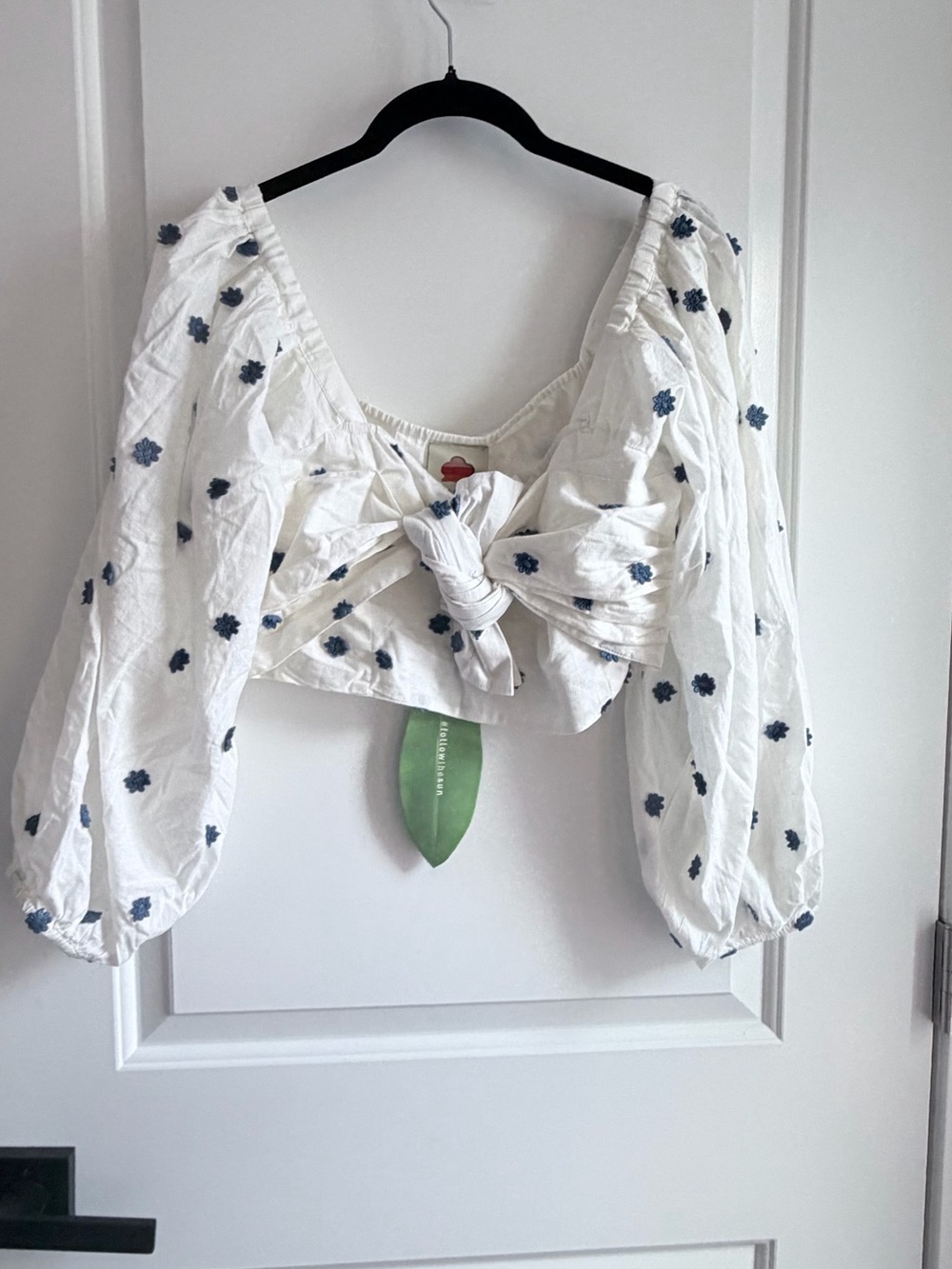 Farm Rio White Tie-Front Puff Sleeve crop Top with Blue Floral Embroidery
